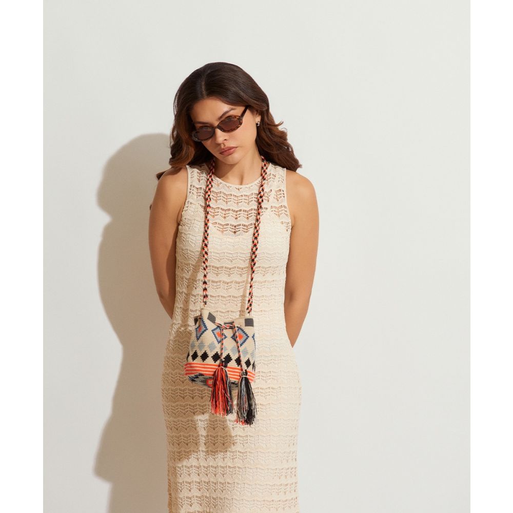 BOLSO CRUZADO M CON ASA DE MACRAMÉ - MOA - BEIGE & NEON CORAL