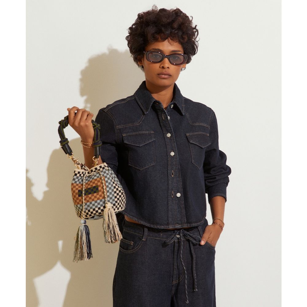 BOLSO CRUZADO M CON ASA DE MACRAMÉ - PELICAN - NEGRO & GRIS