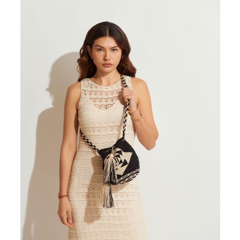 BOLSO CRUZADO M CON ASA DE MACRAMÉ - VULTURE - NEGRO & BEIGE