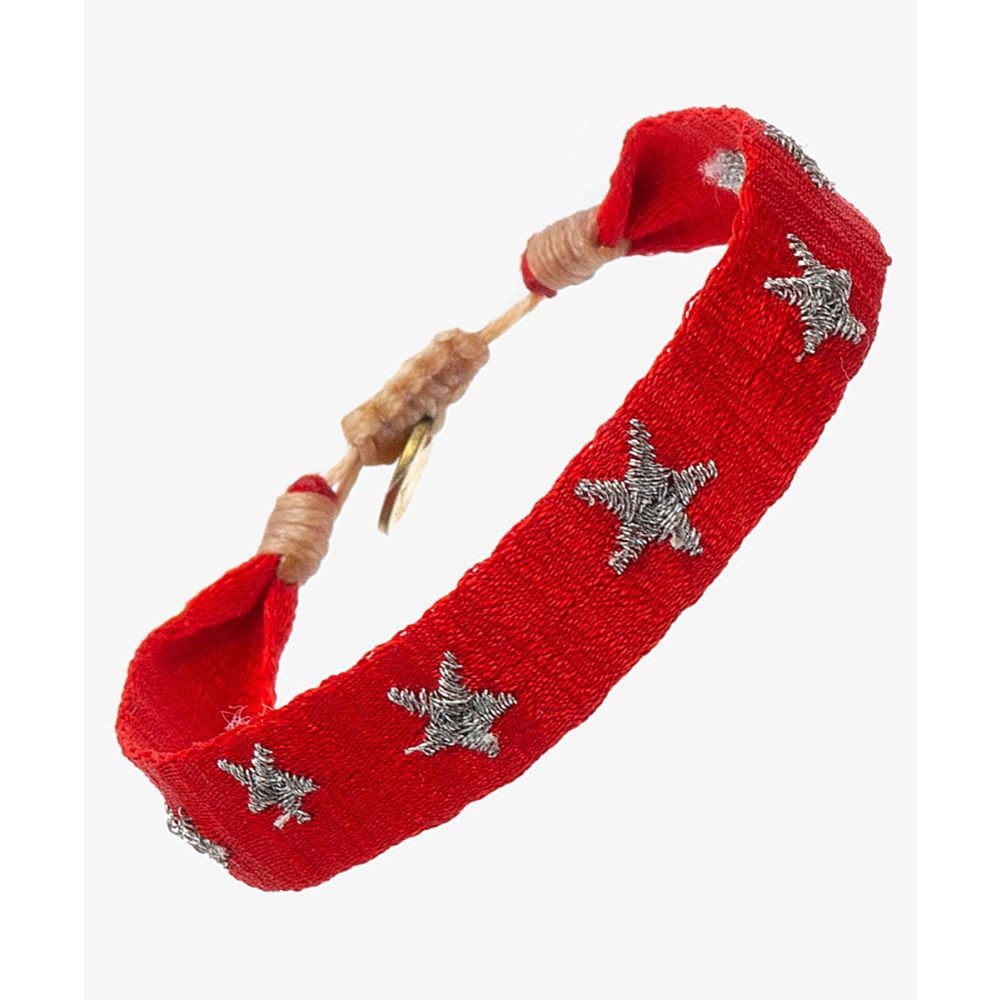 PULSERA BORDADA - ROJO & ESTRELLAS PLATEADAS