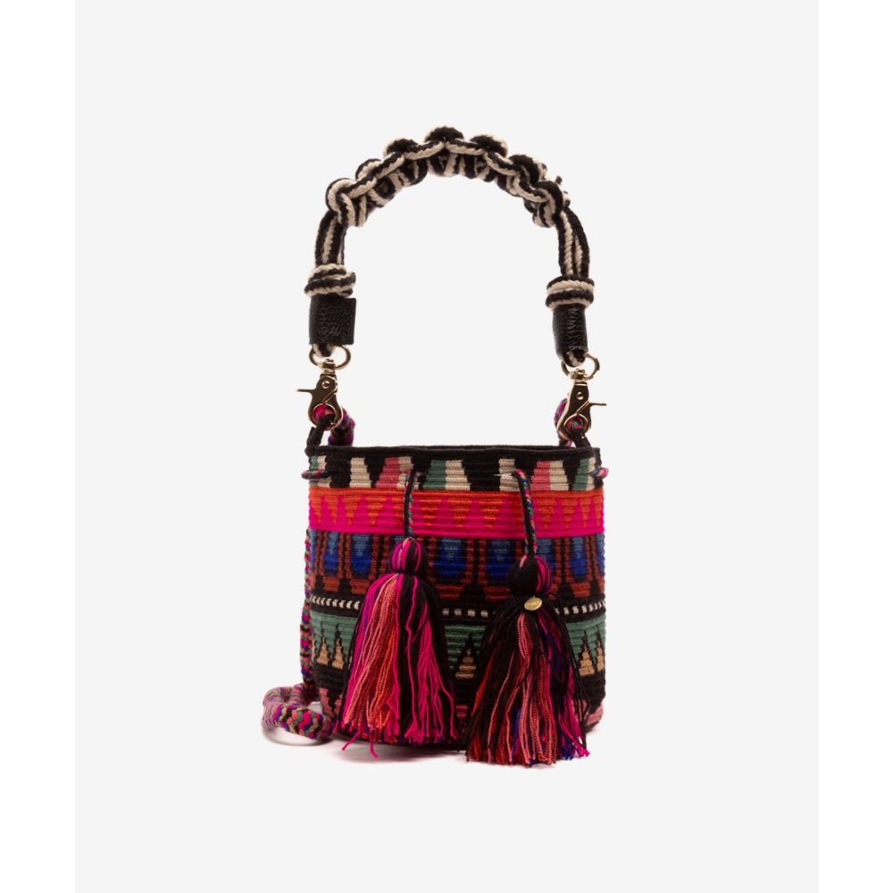 BOLSO CRUZADO M CON ASA DE MACRAMÉ - YAKARTA - VERDE ESMERALDA & FUCSIA 