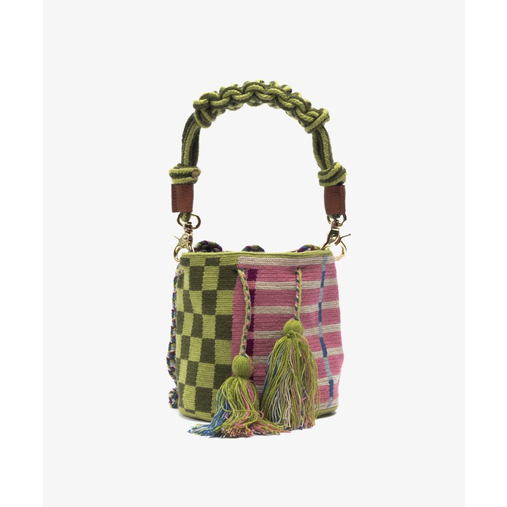 BOLSO CRUZADO M CON ASA DE MACRAMÉ - OWL - ROSA CLARO & VERDE OSCURO