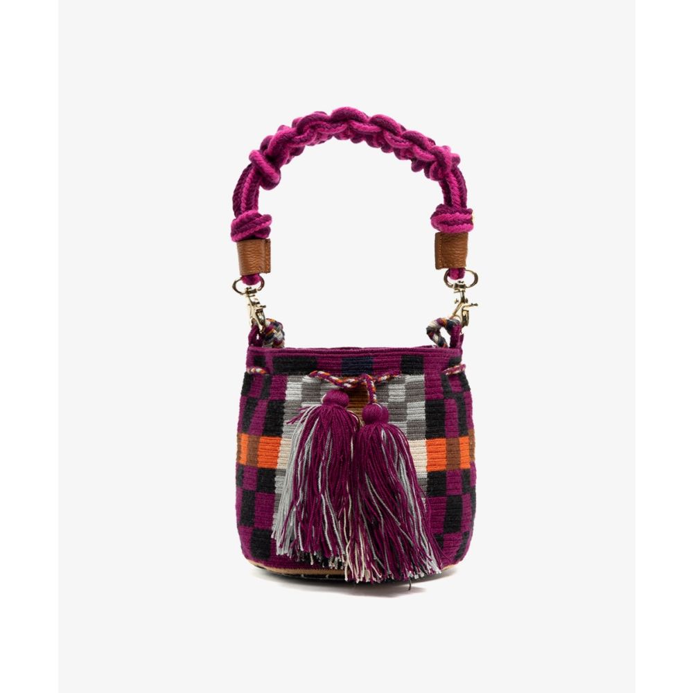 BOLSO CRUZADO M CON ASA DE MACRAMÉ - LIZZIE - GRANATE & GRIS