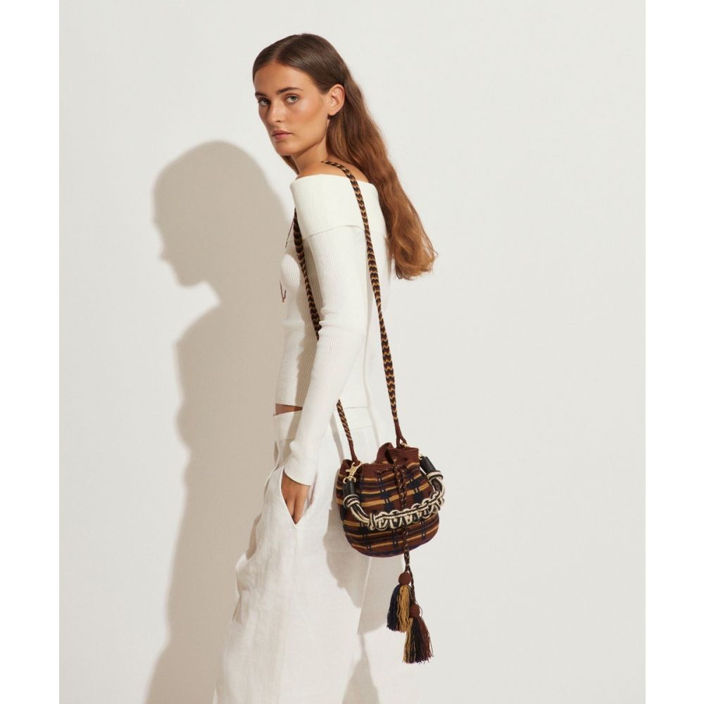 BOLSO CRUZADO M CON ASA DE MACRAMÉ - VIOLET - MARRÓN & NEGRO