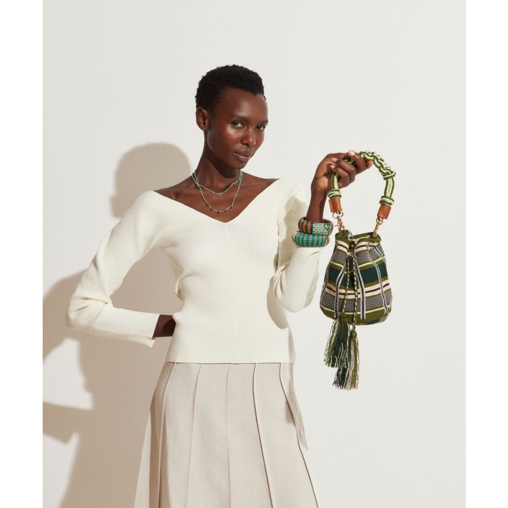 BOLSO CRUZADO M CON ASA DE MACRAMÉ - ARUM - VERDE OSCURO & GRIS