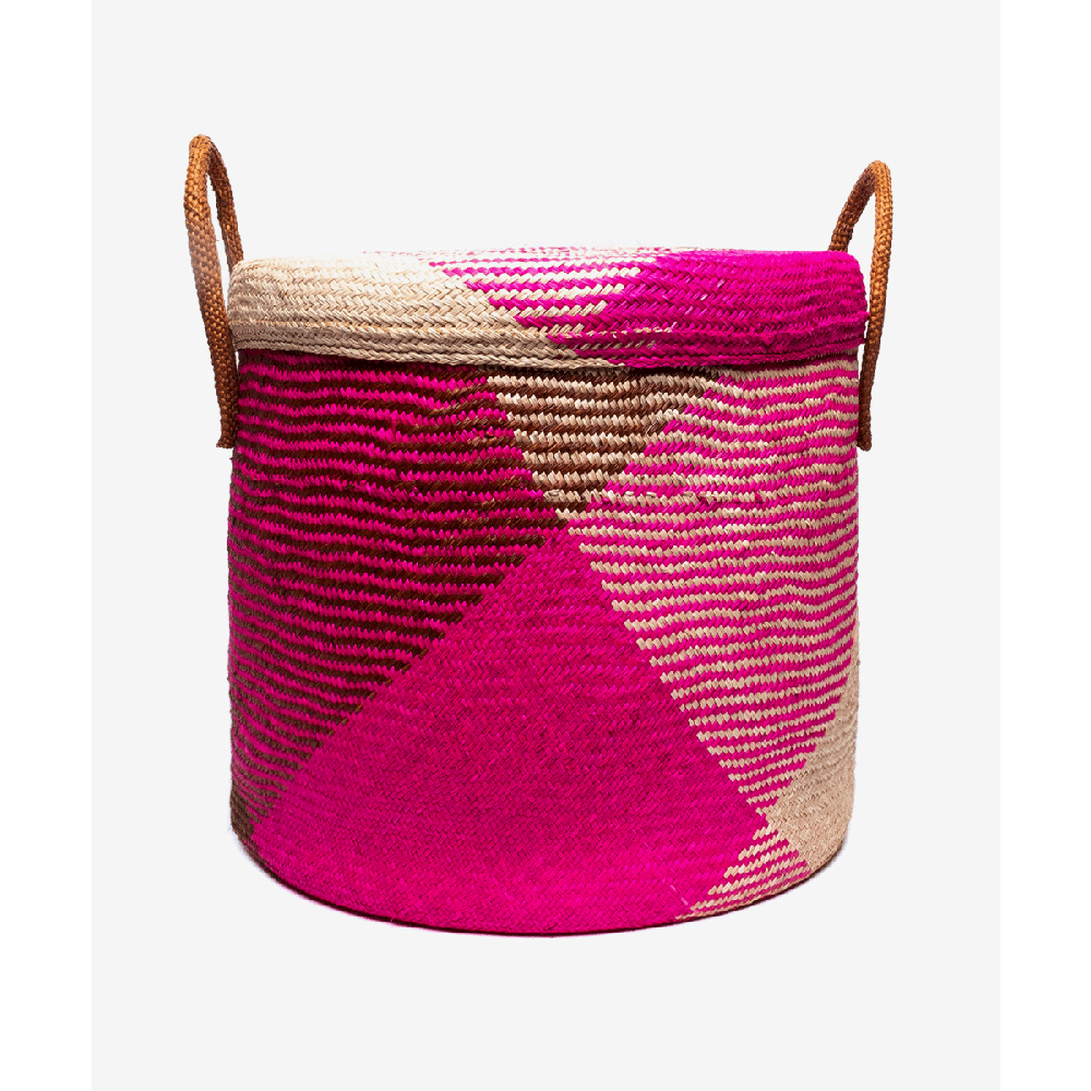 Round Iraca Basket XL - 40x40 cm CONTAINER FUCSIA-BEIGE-MARRÓN